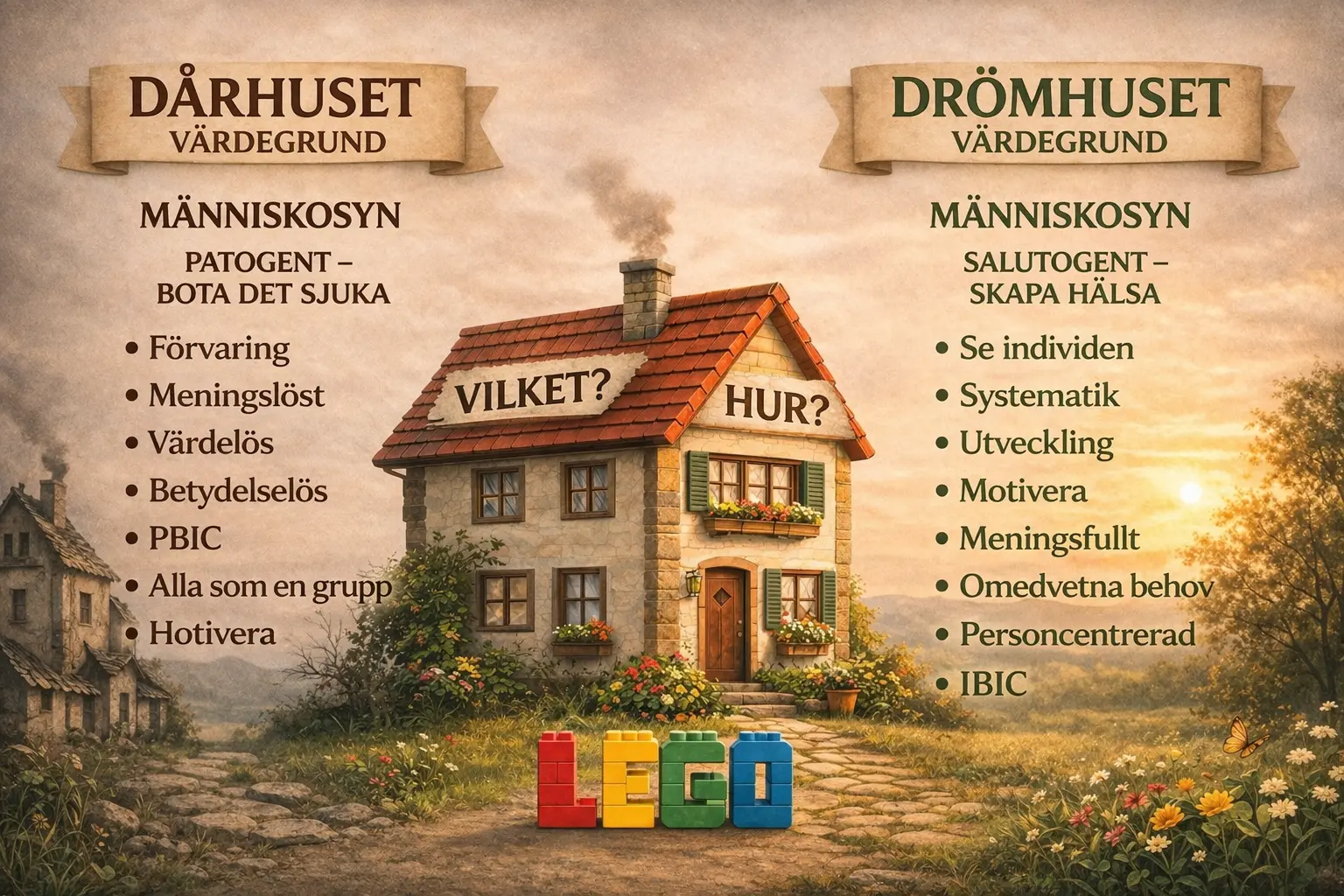 Illustration med två hus: Dårhusets värdegrund med patogent synsätt och Drömhusets värdegrund med salutogent synsätt, ovanför ett hus byggt av LEGO-klossar