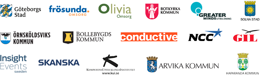Logotyper för tidigare uppdragsgivare: Göteborgs Stad, Frösunda Omsorg, Olivia Omsorg, Botkyrka kommun, Greater Minds Utbildning, Solna stad, Örnsköldsviks kommun, Bollebygds kommun, Conductive, NCC, GIL, Insight Events Sweden, Skanska, Kompetensutvecklingsinstitutet, Arvika kommun och Haparanda kommun