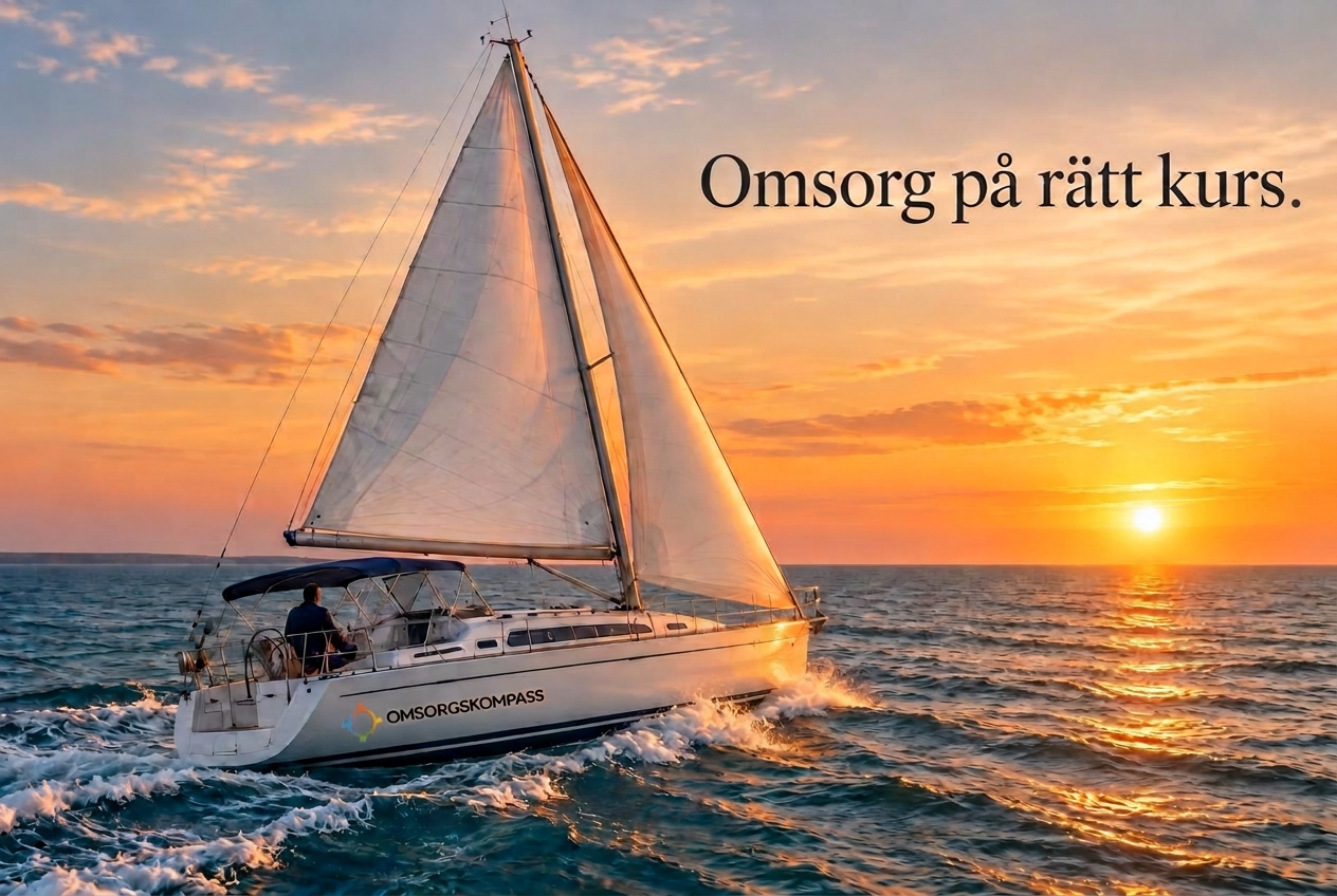En segelbåt glider fram mot solnedgången – omsorg på rätt kurs